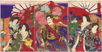  Damen Kunst - Kaiserliche Inspektion der Blume Die Kaiserin und Hofdamen mit Blick auf Blumenarrangements Toyohara Chikanobu